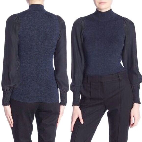 NWT Rebecca Taylor Size Small Merino Wool Mockneck Pullover Navy Blue & Black - Picture 12 of 12